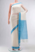 Off White Maheshwari Silk Cotton Saree with Plain Body and Thread Border displayed on a mannequin