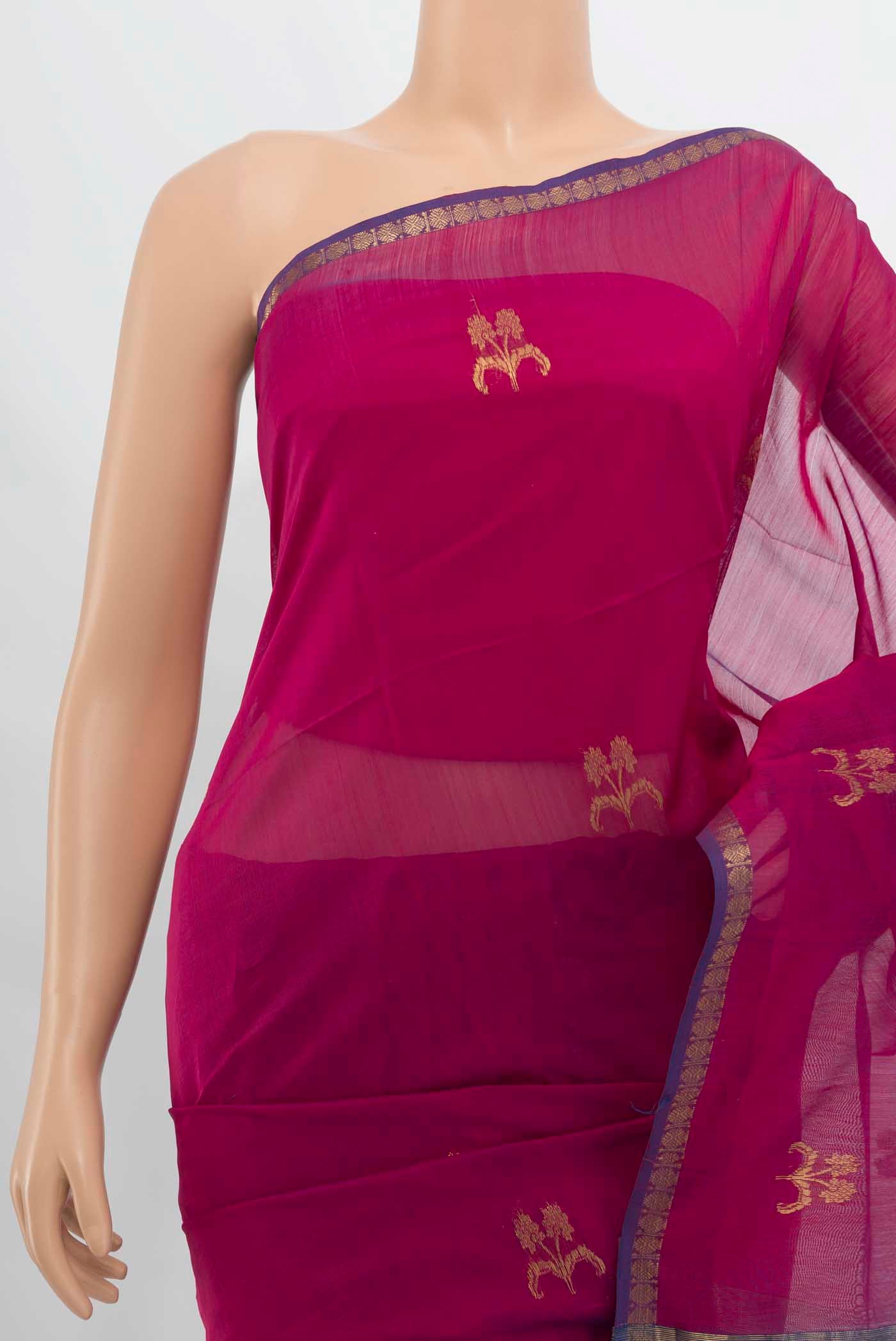 Border image of Navy Blue Maheshwari Silk Cotton Saree with Zari Butta on the body and Silk Border. 