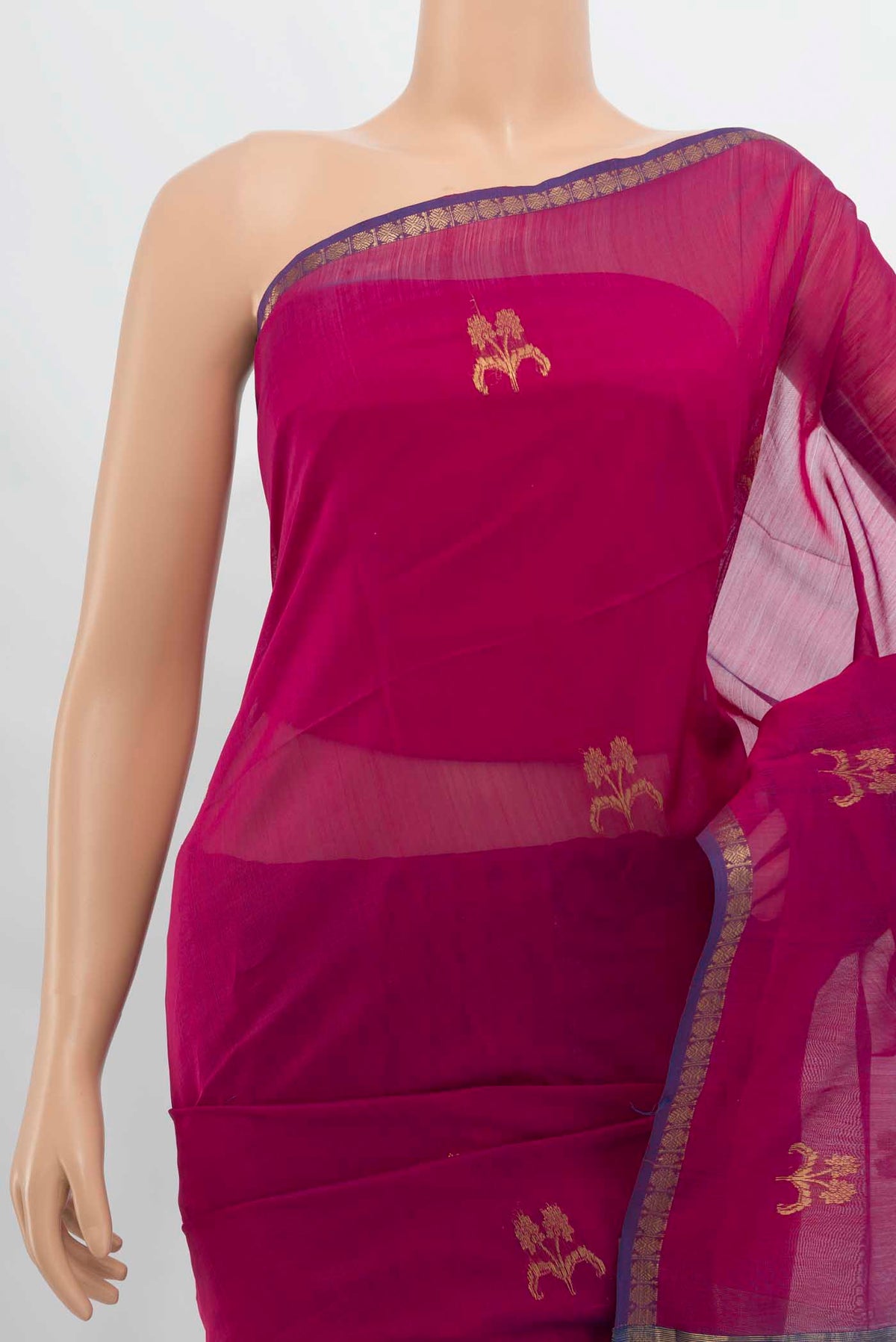 Border image of Navy Blue Maheshwari Silk Cotton Saree with Zari Butta on the body and Silk Border. 