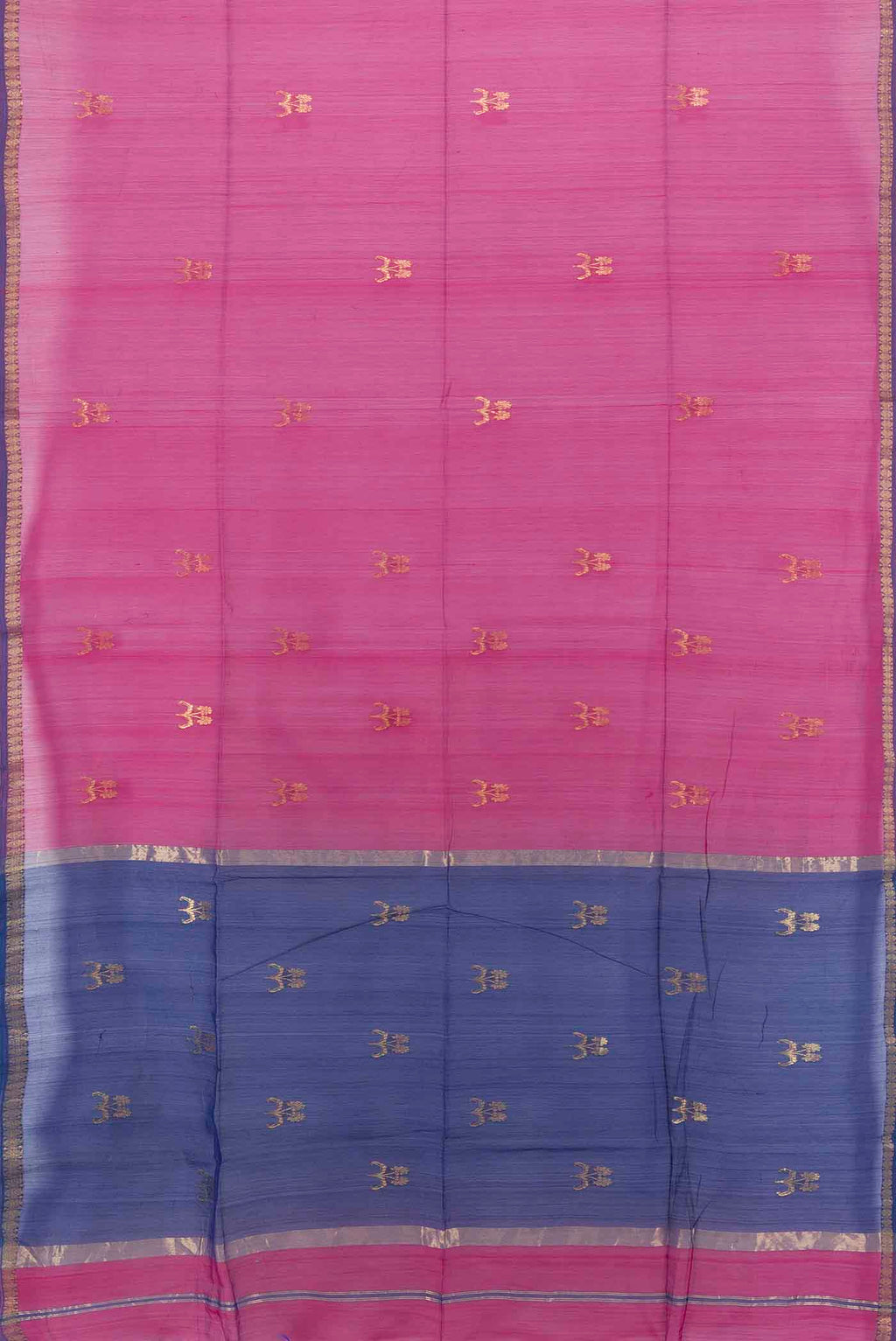 Flat view of Navy Blue Maheshwari Silk Cotton Saree with Zari Butta on the body and Silk Border. 