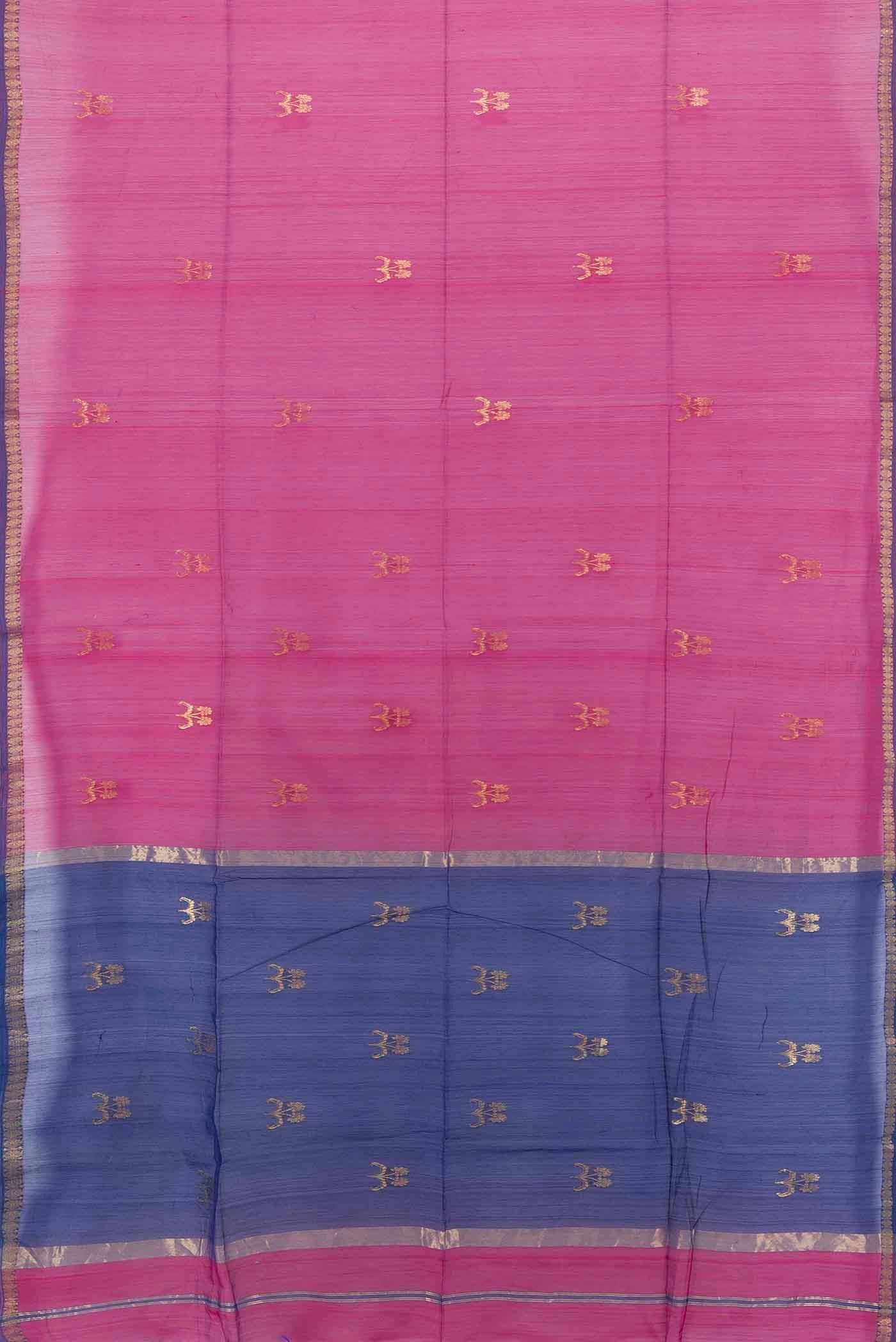 Flat view of Navy Blue Maheshwari Silk Cotton Saree with Zari Butta on the body and Silk Border. 