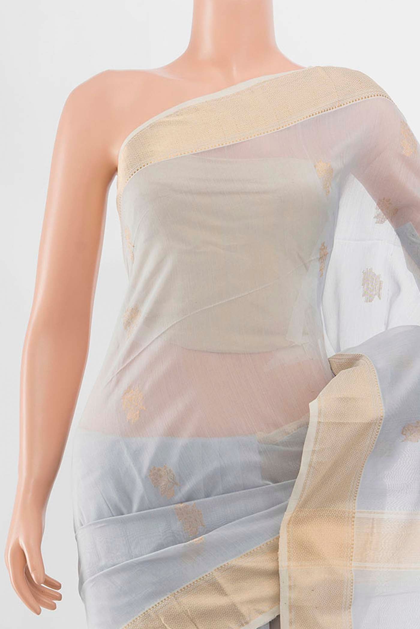 Border image of Grey Maheshwari Silk Cotton Saree with Zari Butta on the body and Silk Border