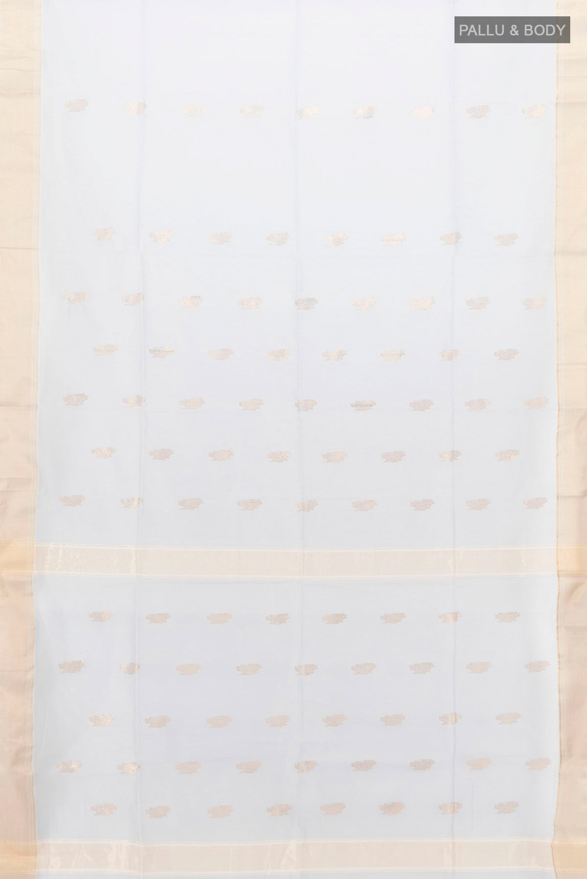 Flat view of Grey Maheshwari Silk Cotton Saree with Zari Butta on the body and Silk Border