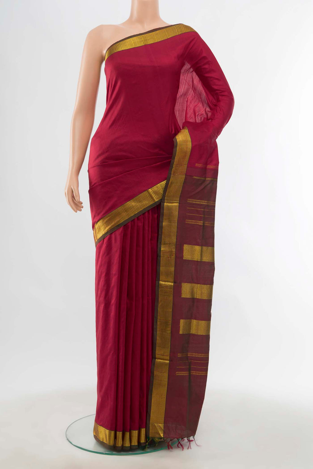Pure Silk Pure Zari Maroon Kanchipuram Nine Yards Saree with Plain Body and Silk Border displayed on a mannequin