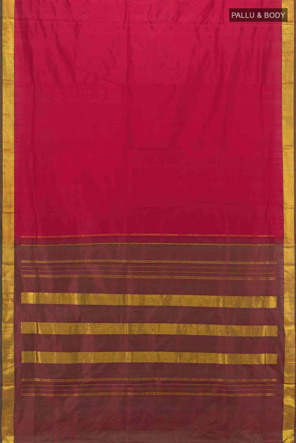 Flat view of Pure Silk Pure Zari Maroon Kanchipuram Nine Yards Saree with Plain Body and Silk Border
