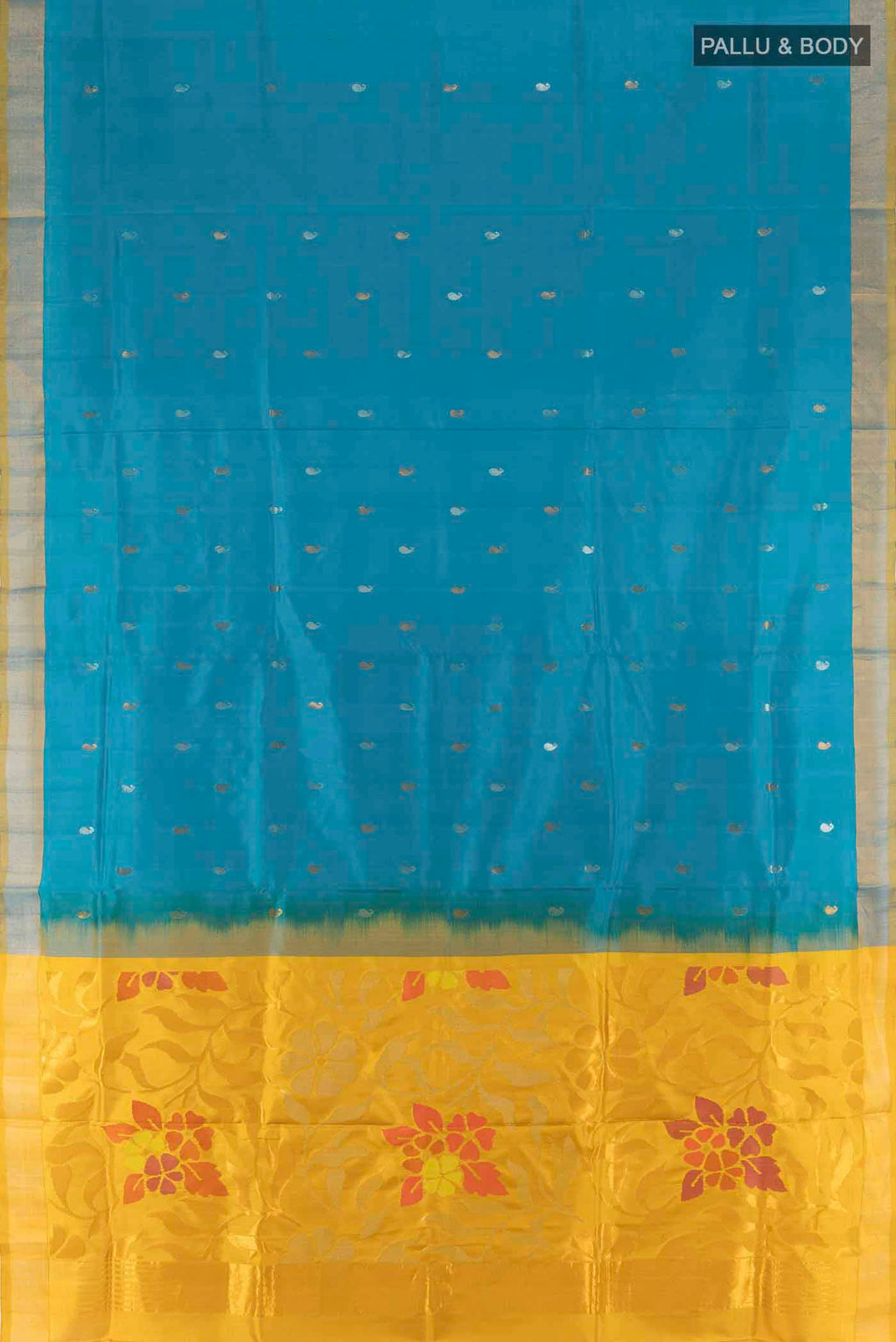 Flat view of Light Blue Uppada Silk Saree with Zari Butta on the body and Silk Border