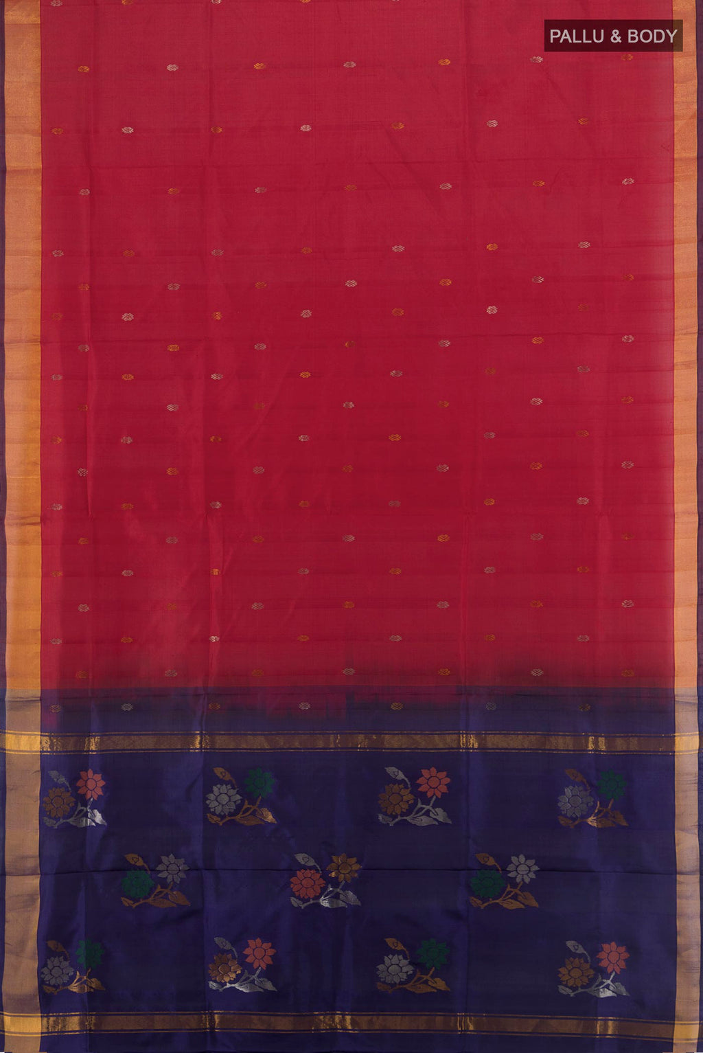 Flat view of Pure Silk Red Uppada Saree with Zari Butta on the body and Zari Border. 
