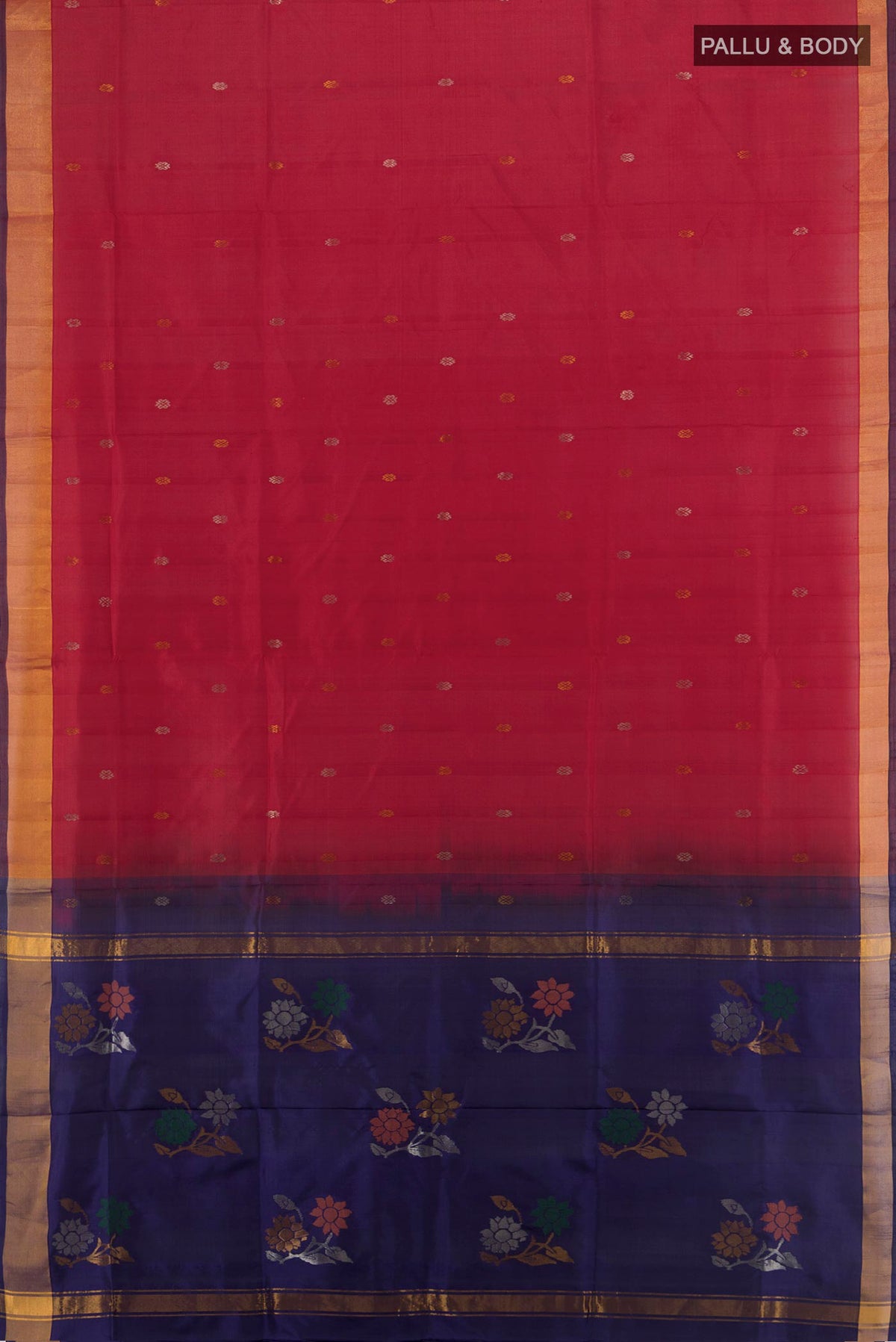 Flat view of Pure Silk Red Uppada Saree with Zari Butta on the body and Zari Border. 