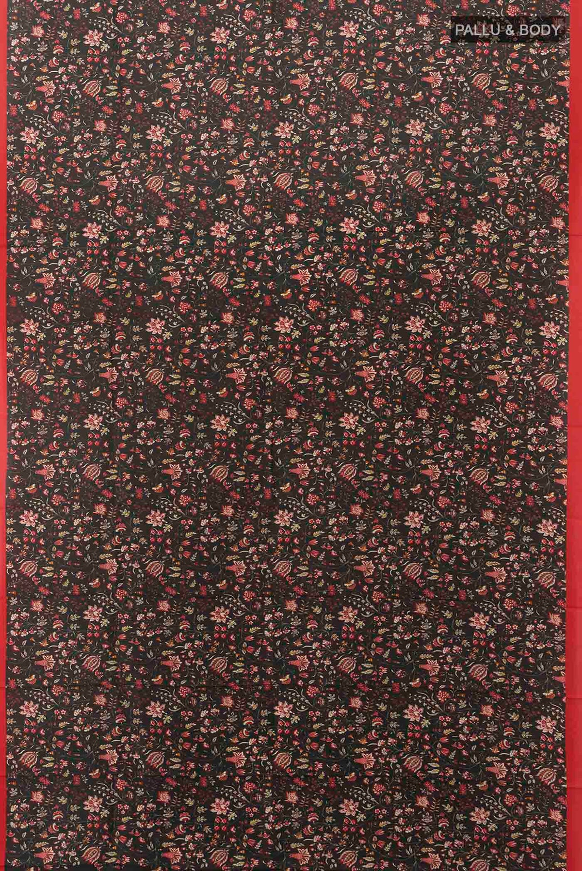Flat view of Black Printed Silk Saree with Thread Butta on the body and Silk Border