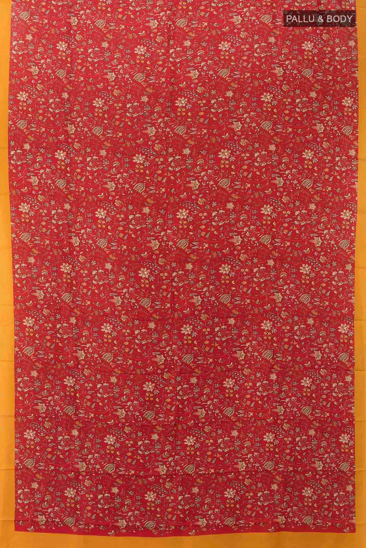 Flat view of Maroon Printed Silk Saree with Printed design on the body and Plain Border