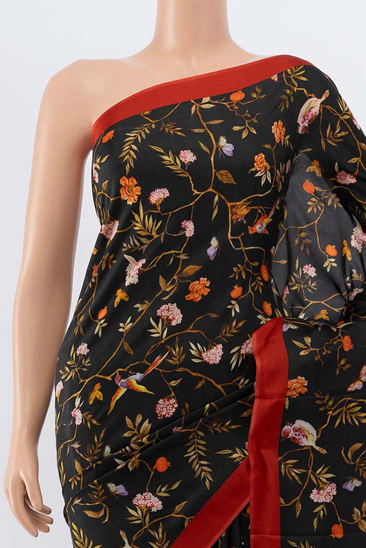 Border image of Black Printed Silk Saree with Floral Print on the body and Silk Border