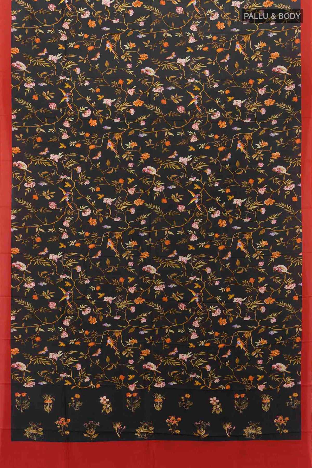 Flat view of Black Printed Silk Saree with Floral Print on the body and Silk Border
