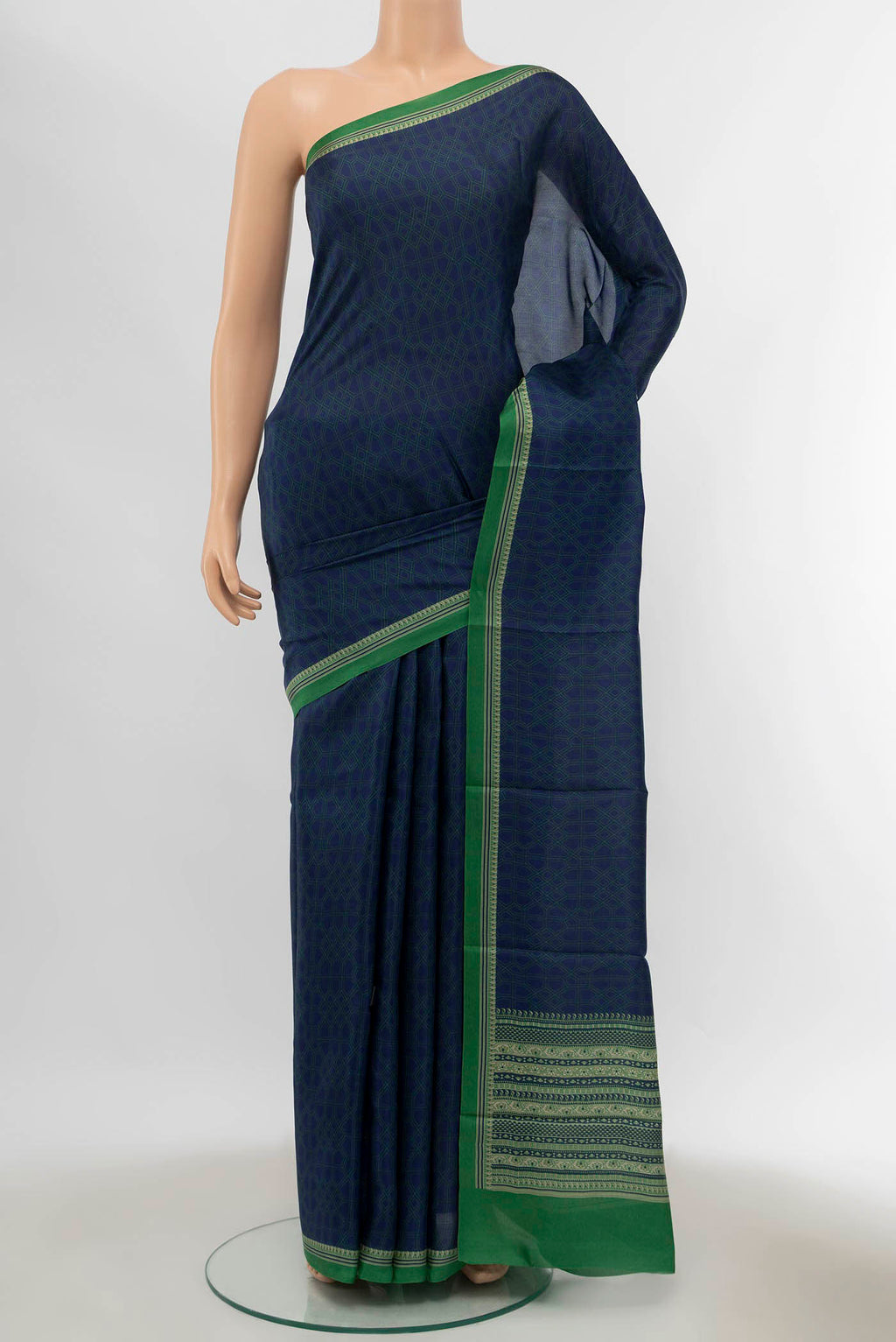 Navy Blue Blended Printed Silk Saree with Floral Print on the body and Thread Border displayed on a mannequin