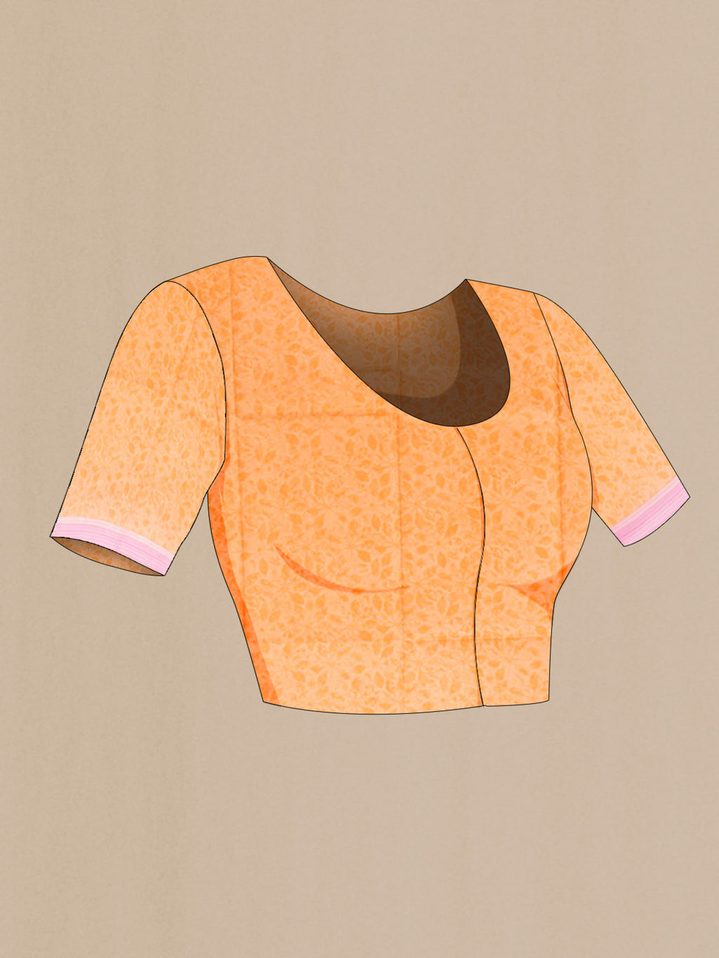 Close up image of the blouse of Orange Printed Silk Saree with Floral Print on the body and Silk Border