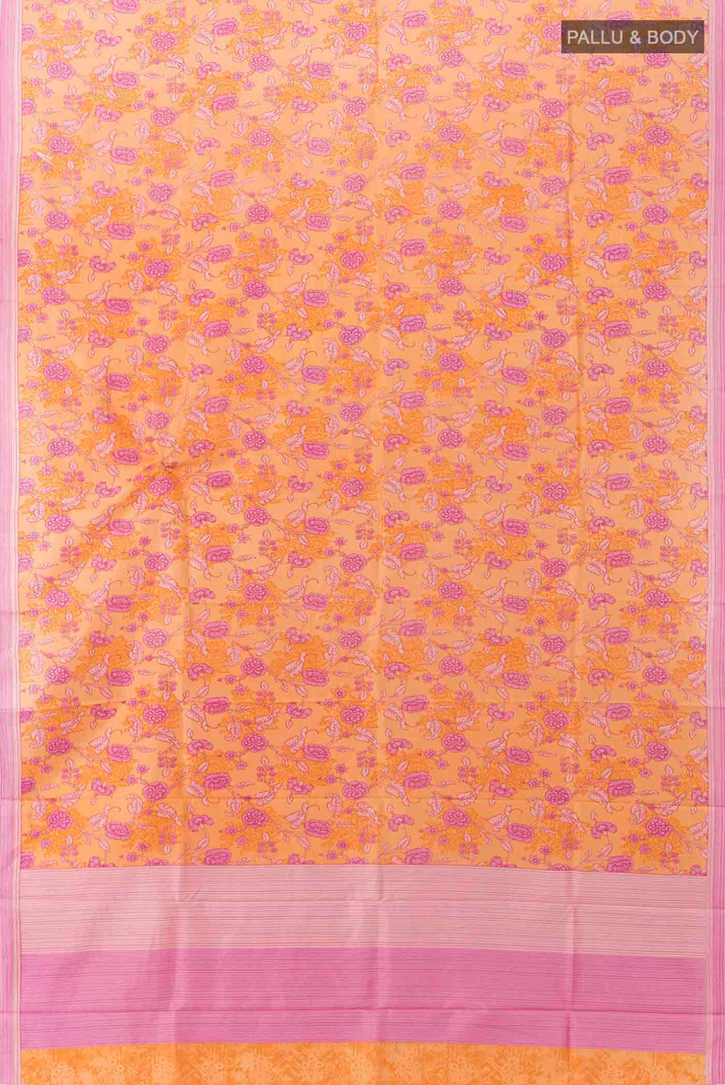 Flat view of Orange Printed Silk Saree with Floral Print on the body and Silk Border