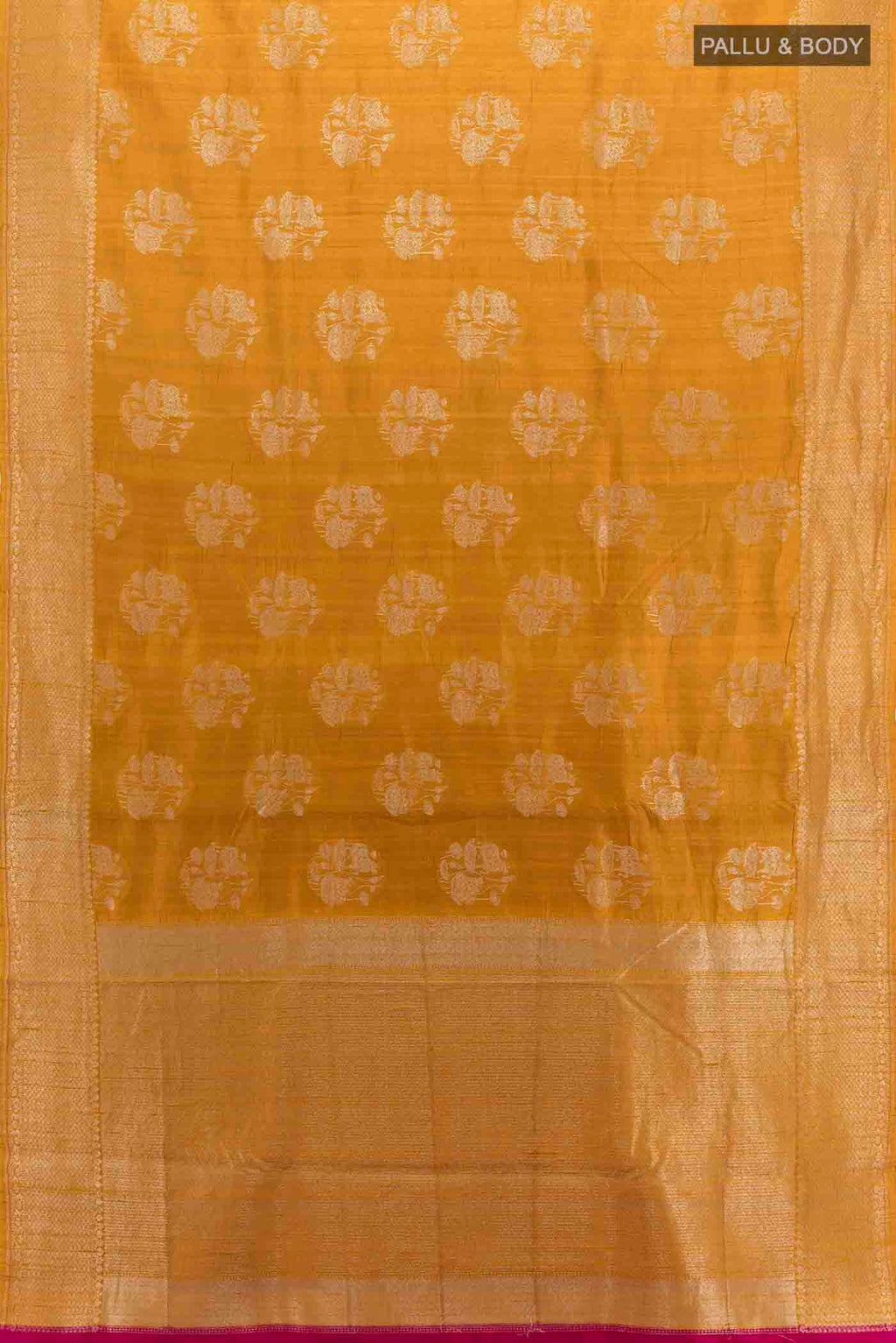 Flat view of Mustard Banarasi Raw Silk Saree with Zari Brocade on the body and Silk Border