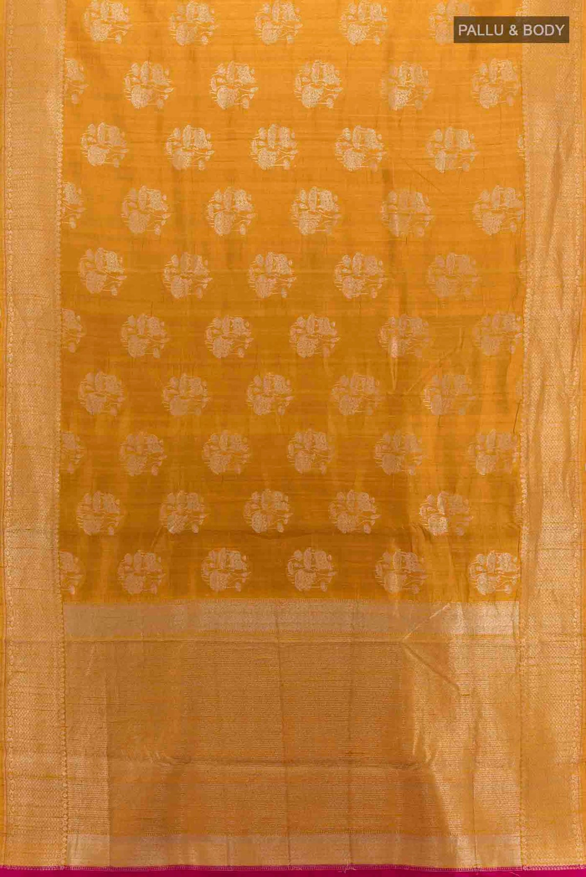 Flat view of Mustard Banarasi Raw Silk Saree with Zari Brocade on the body and Silk Border