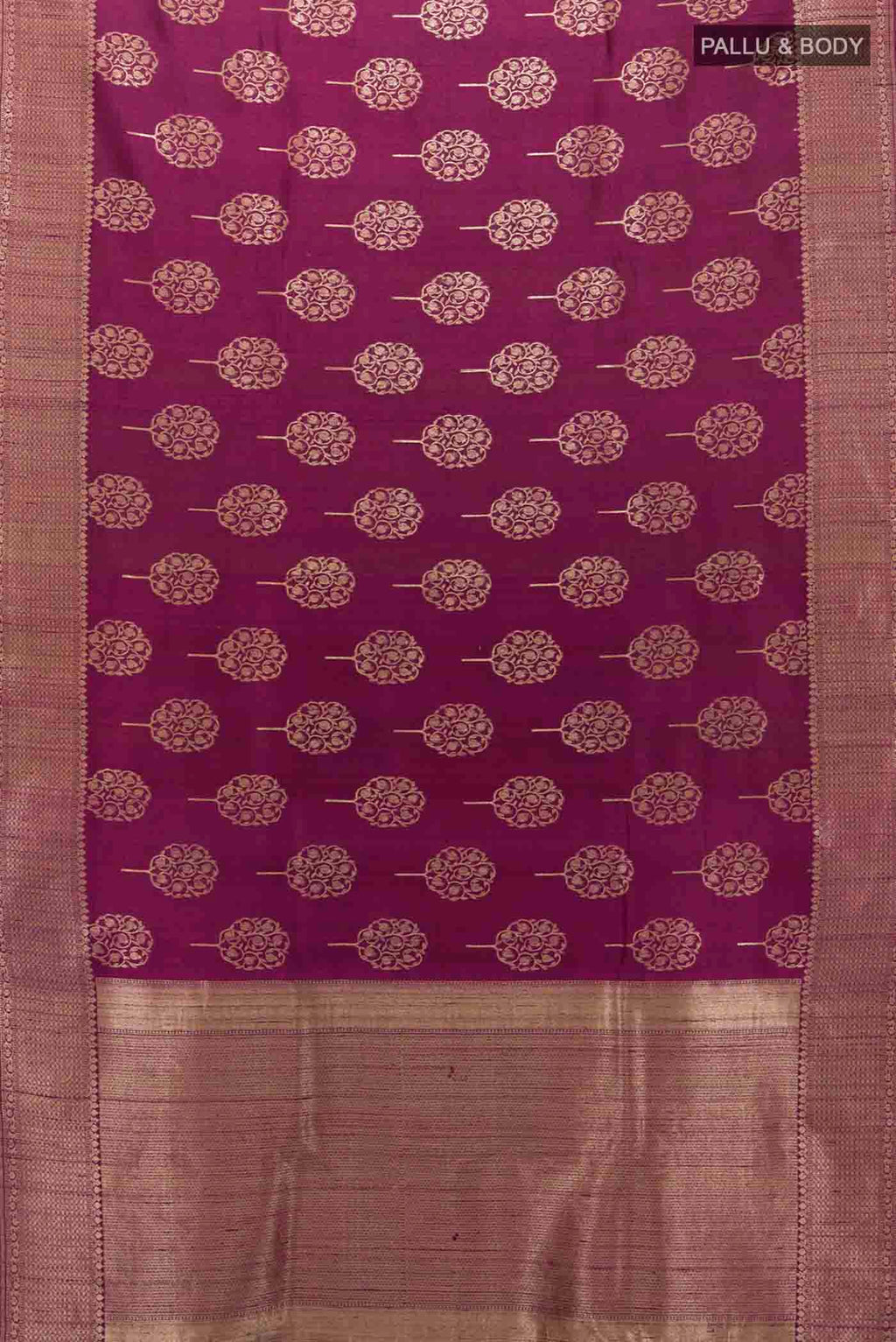 Flat view of Magenta Tussar Silk Saree with Zari Butta on the body and Silk Border