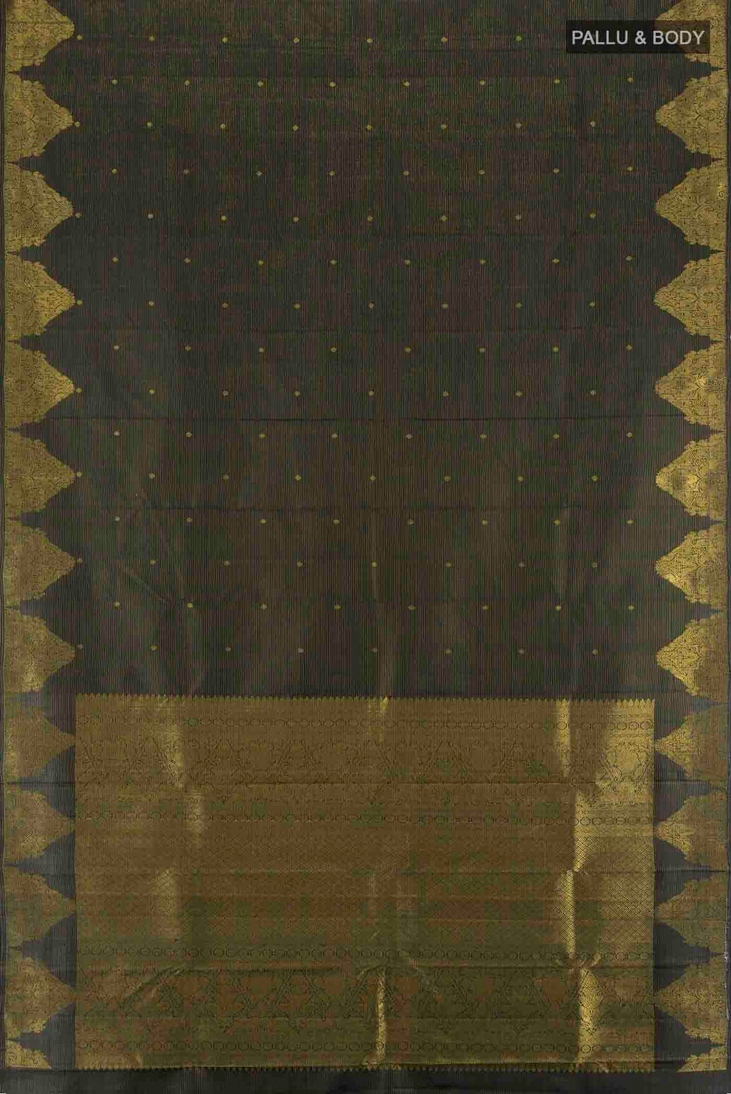 Flat view of Black Kanchipuram Silk Saree with Zari Butta on the body and Silk Border