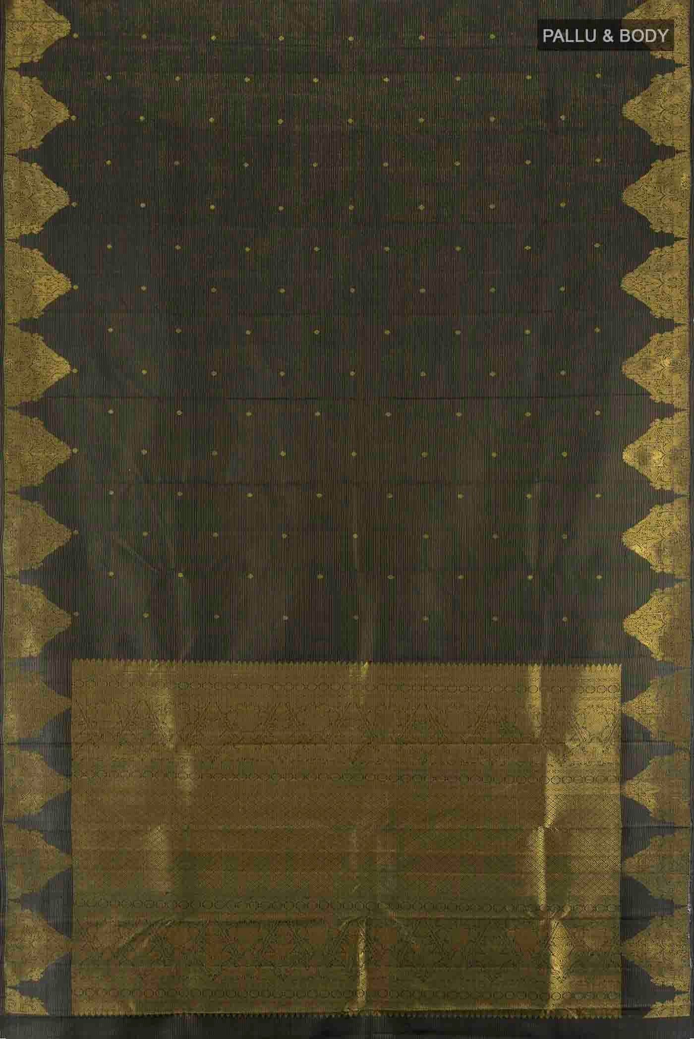 Flat view of Black Kanchipuram Silk Saree with Zari Butta on the body and Silk Border