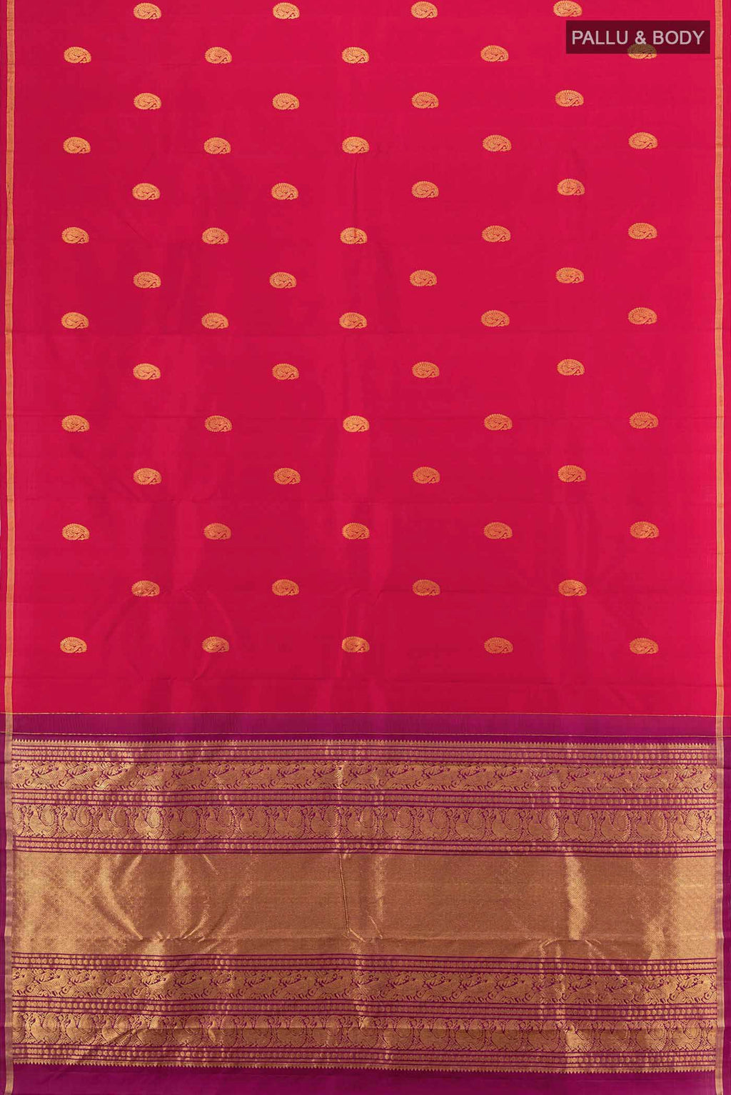 Flat view of Maroon Kanchipuram Silk Saree with Zari Butta on the body and Silk Border. 
