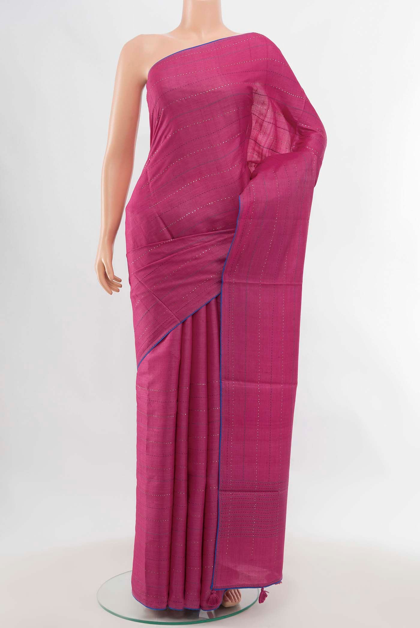 Dark Pink Tussar Silk Saree with Zari Butta on the body and Fancy Border displayed on a mannequin