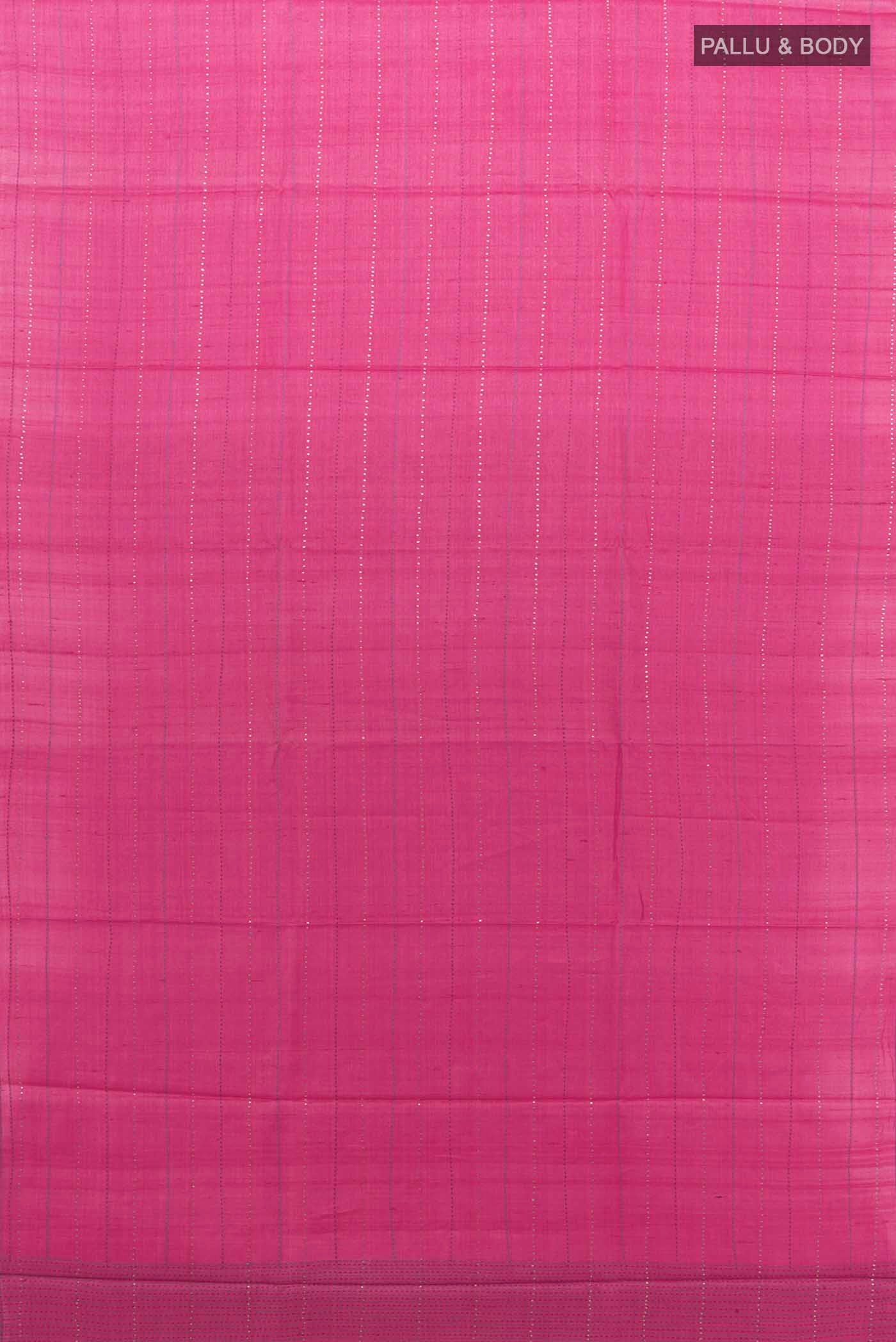 Flat view of Dark Pink Tussar Silk Saree with Zari Butta on the body and Fancy Border