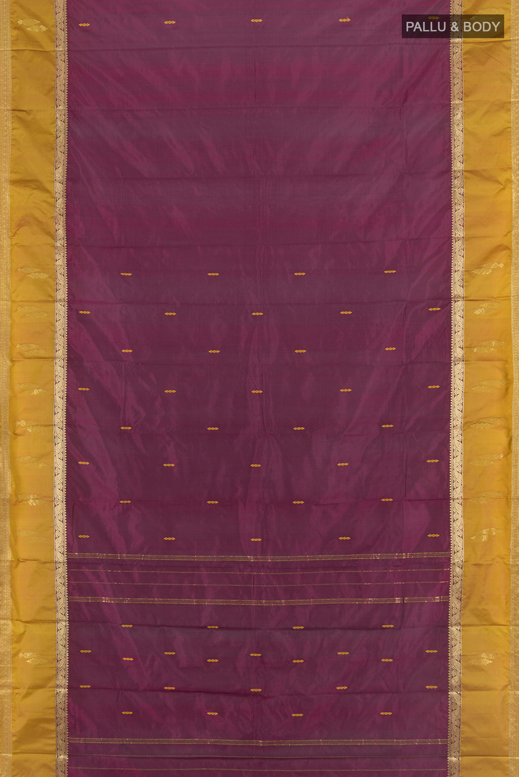 Flat view of Purple Kanjivaram Silk Saree with Zari Butta on the body and Zari Border. 