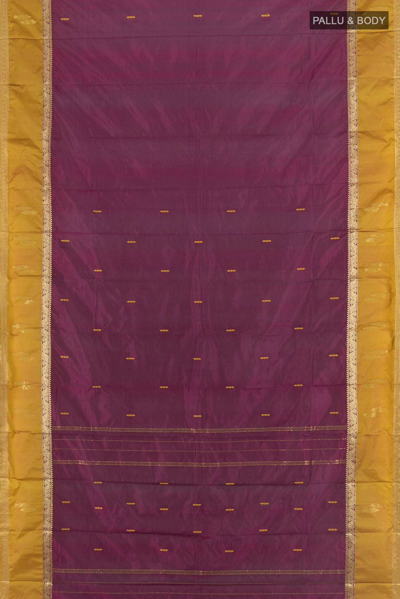 Flat view of Purple Kanjivaram Silk Saree with Zari Butta on the body and Zari Border. 