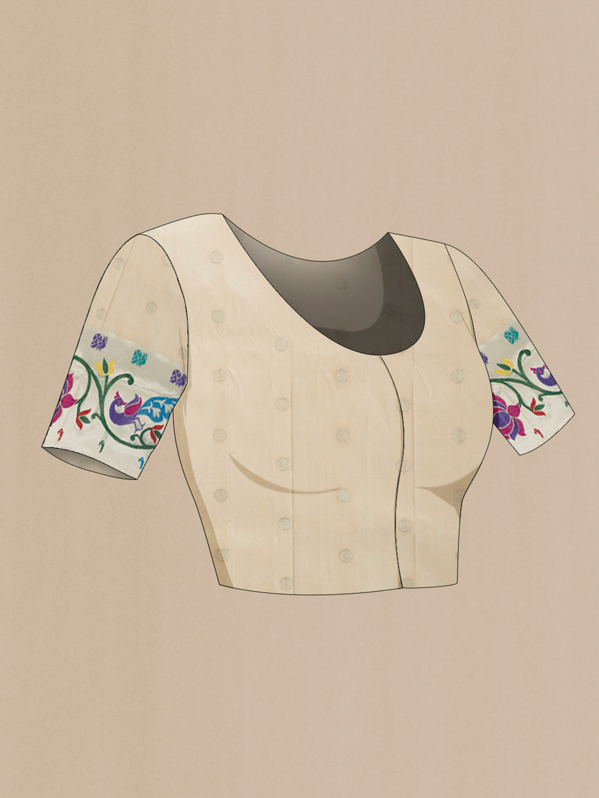 Close up image of the blouse of Pure Silk Pure Zari Lavender Gadwal Saree with Zari Butta on the body and Zari Border