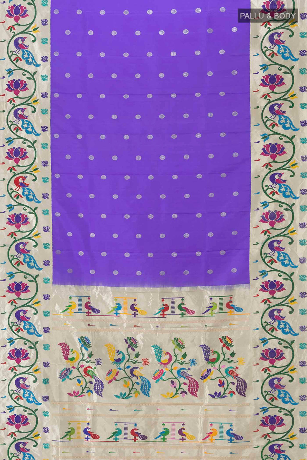Flat view of Pure Silk Pure Zari Lavender Gadwal Saree with Zari Butta on the body and Zari Border