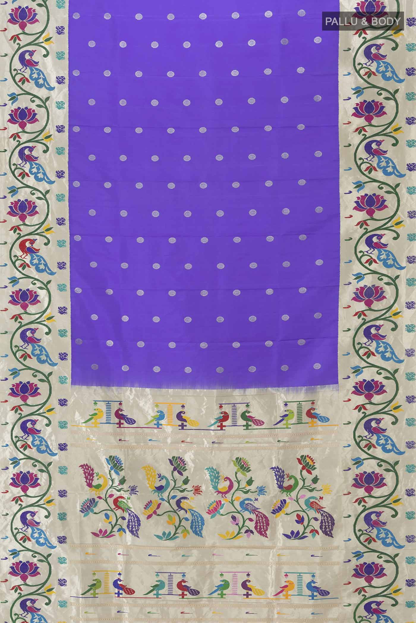 Flat view of Pure Silk Pure Zari Lavender Gadwal Saree with Zari Butta on the body and Zari Border