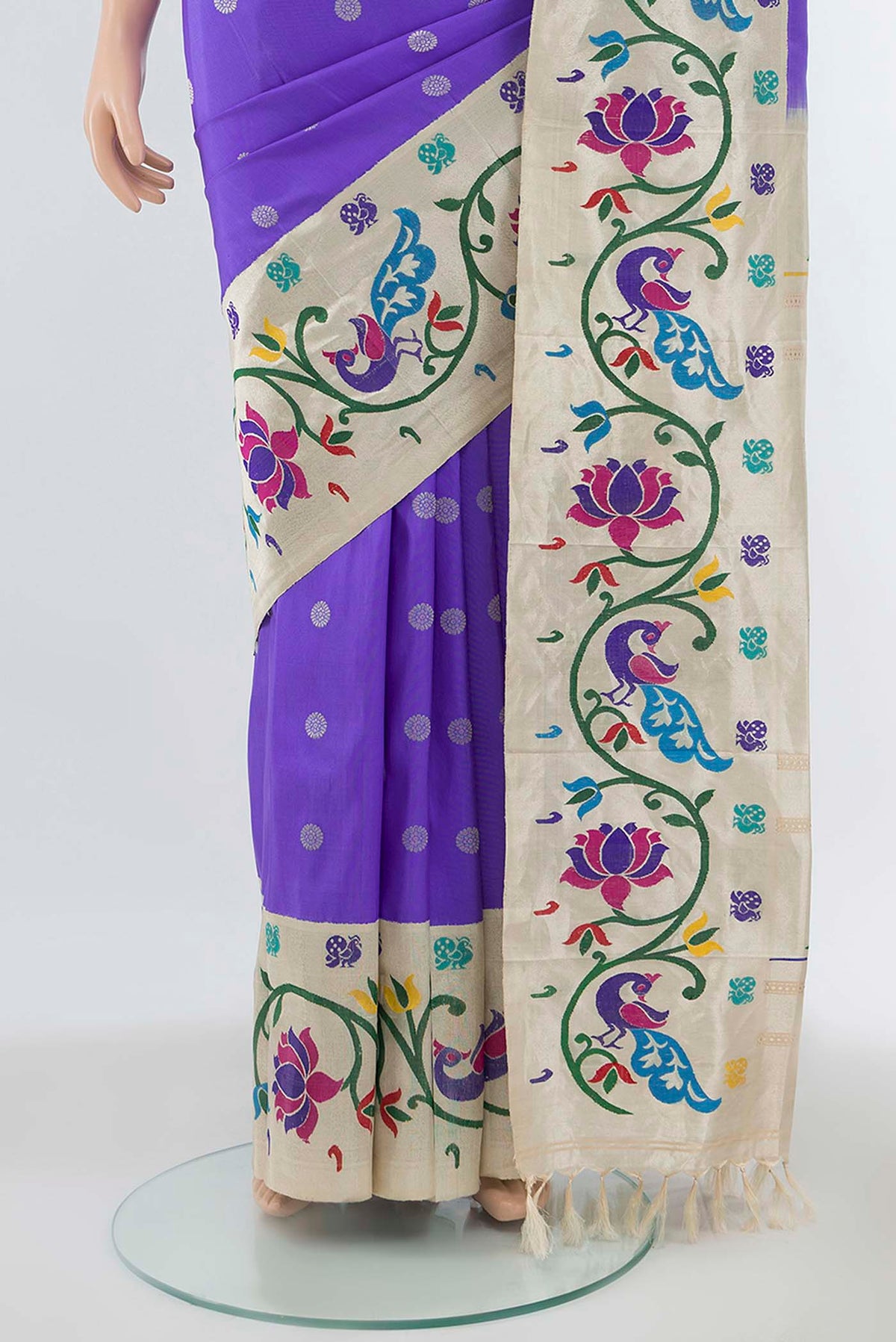 Pleats and pallu of Pure Silk Pure Zari Lavender Gadwal Saree with Zari Butta on the body and Zari Border