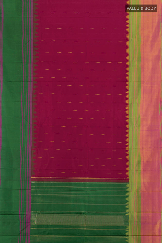 Flat view of Multi Color Kanjivaram Silk Saree with Plain Body and Silk Border. 