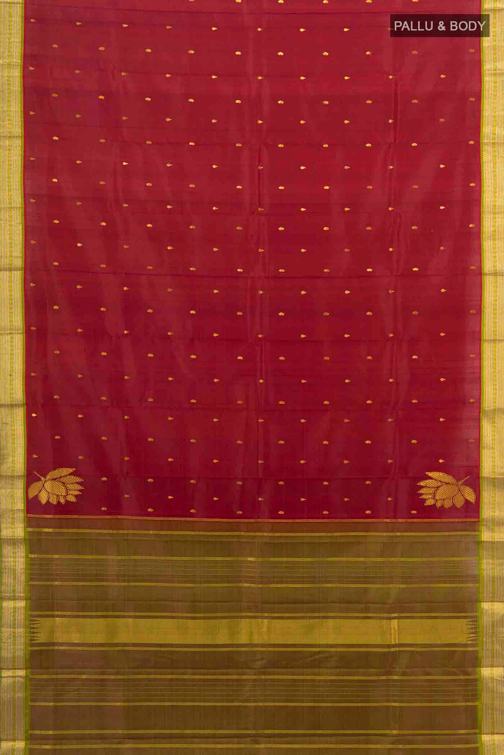 Flat view of Pure Silk Pure Zari Maroon Kanchipuram Saree with Zari Butta on the body and Zari Border