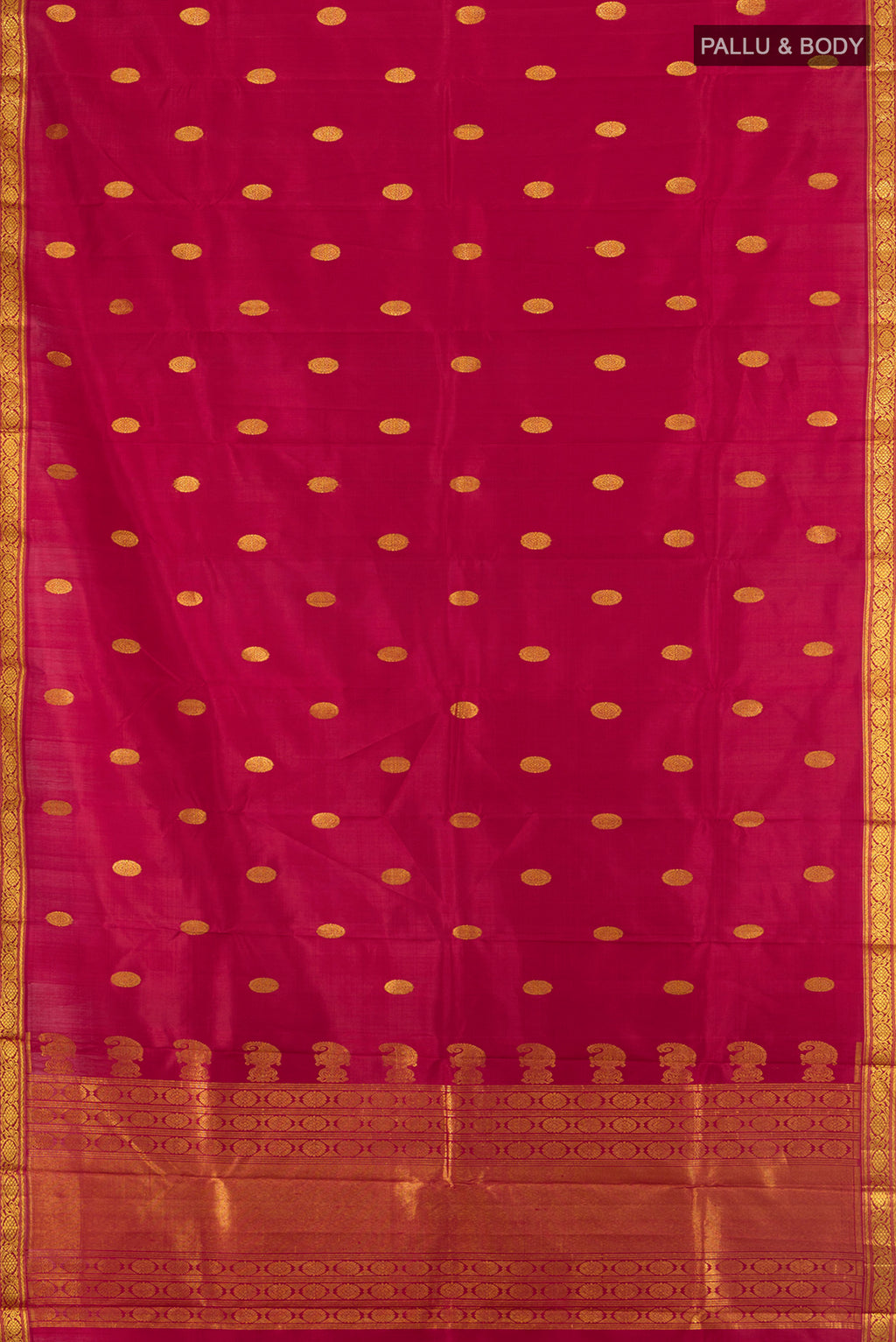 Flat view of Maroon Kanjivaram Silk Saree with Zari Butta on the body and Zari Border. 