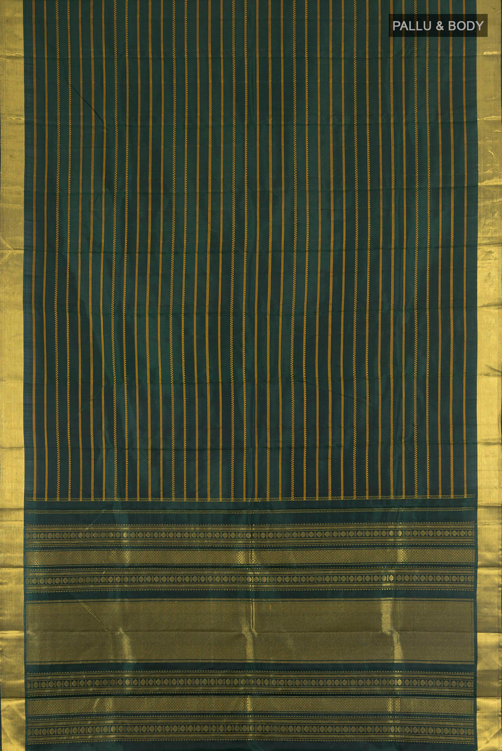 Flat view of Pure Silk Bottle Green Kanjivaram Saree with Stripes on the body and Zari Border. 