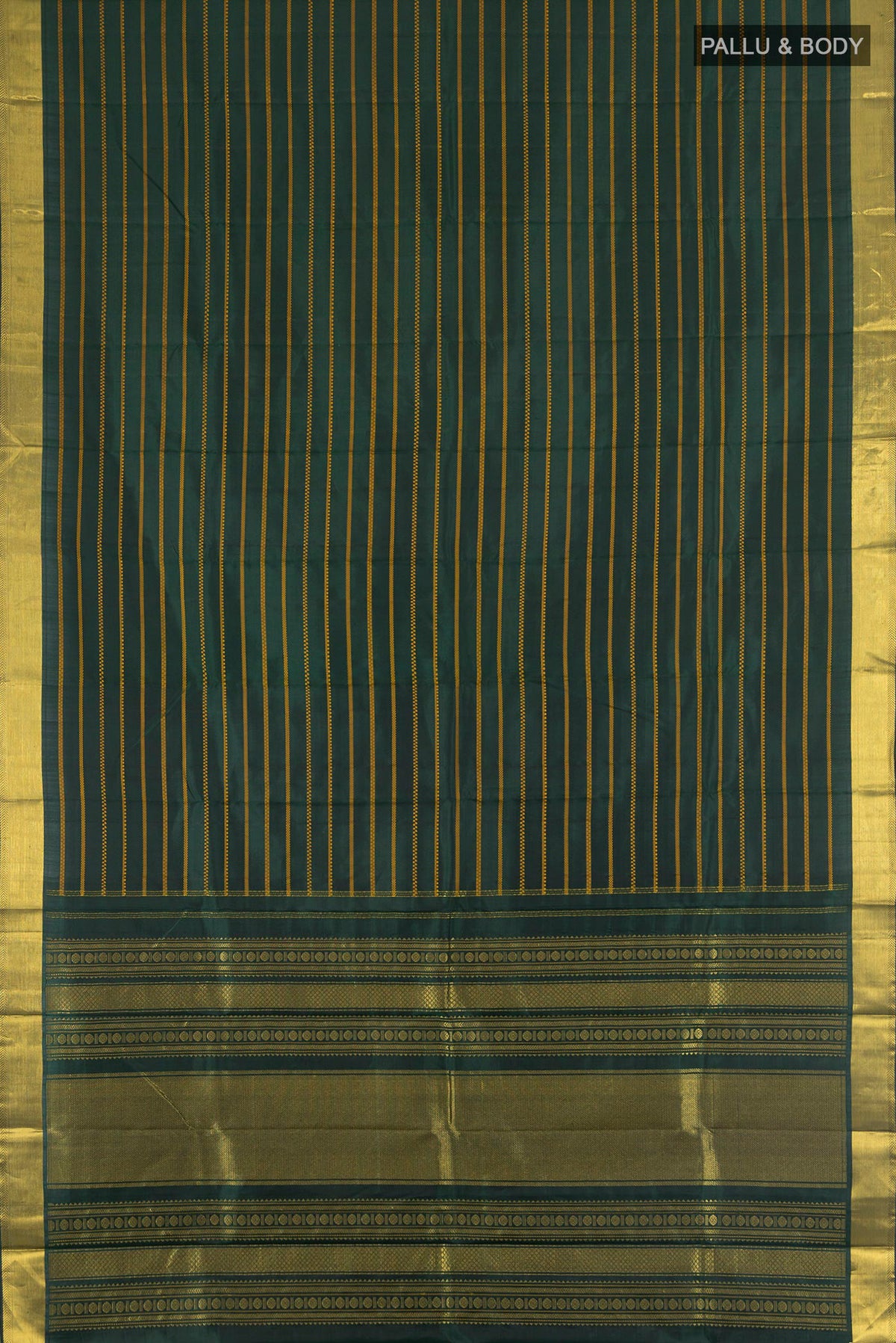 Flat view of Pure Silk Bottle Green Kanjivaram Saree with Stripes on the body and Zari Border. 