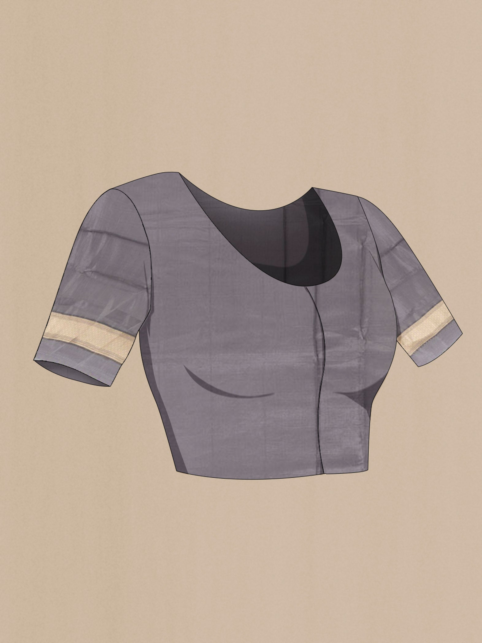 Close up image of the blouse of Grey Banarasi Raw Silk Saree with Zari Butta on the body and Silk Border. 