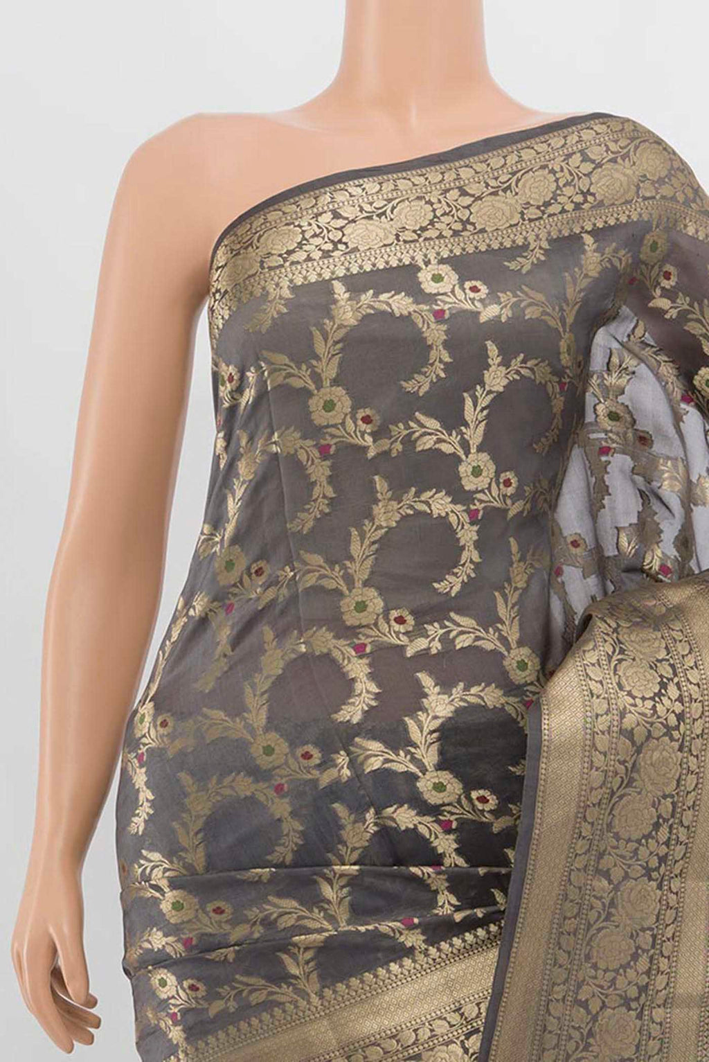 Border image of Grey Banarasi Raw Silk Saree with Zari Butta on the body and Silk Border. 