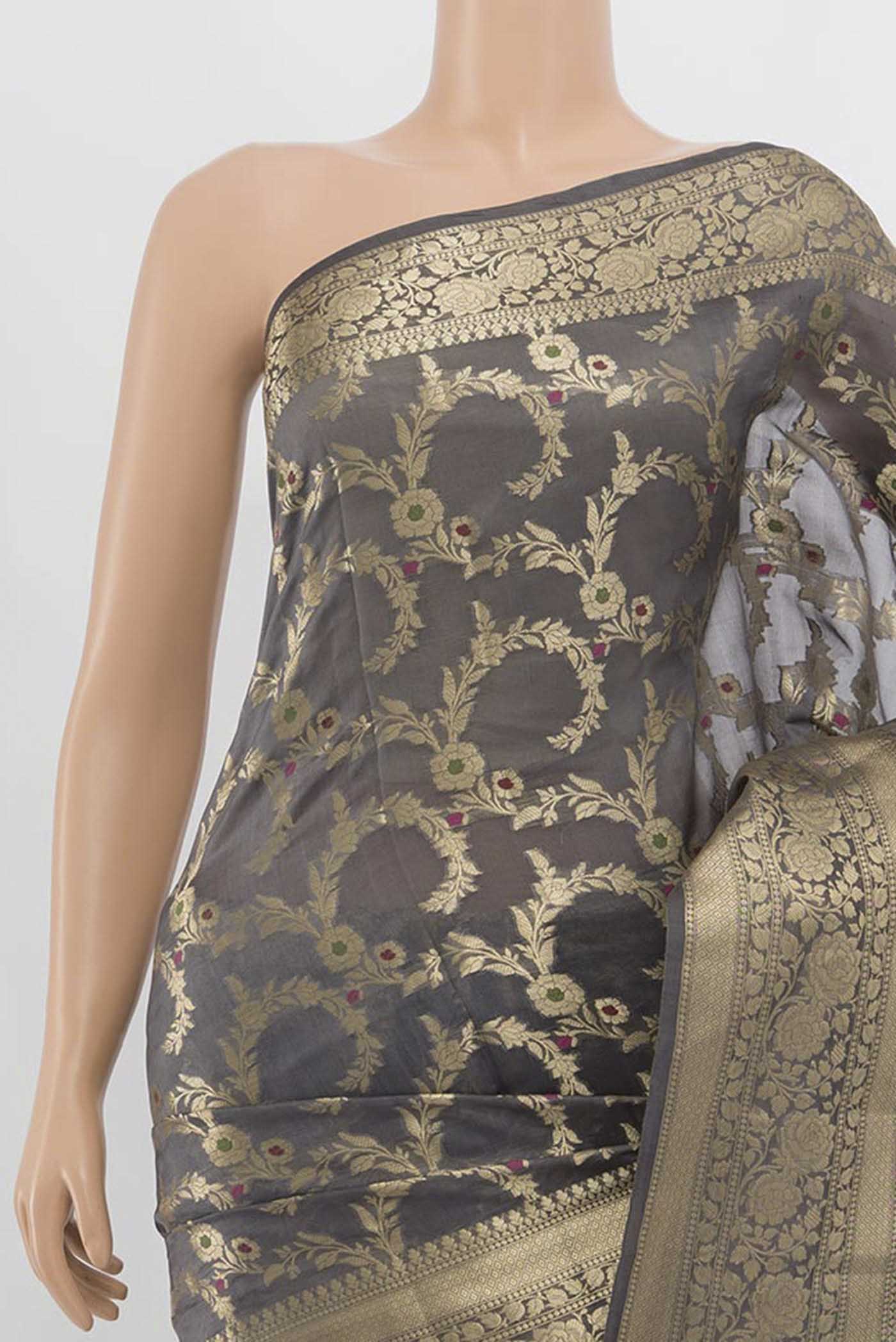 Border image of Grey Banarasi Raw Silk Saree with Zari Butta on the body and Silk Border. 