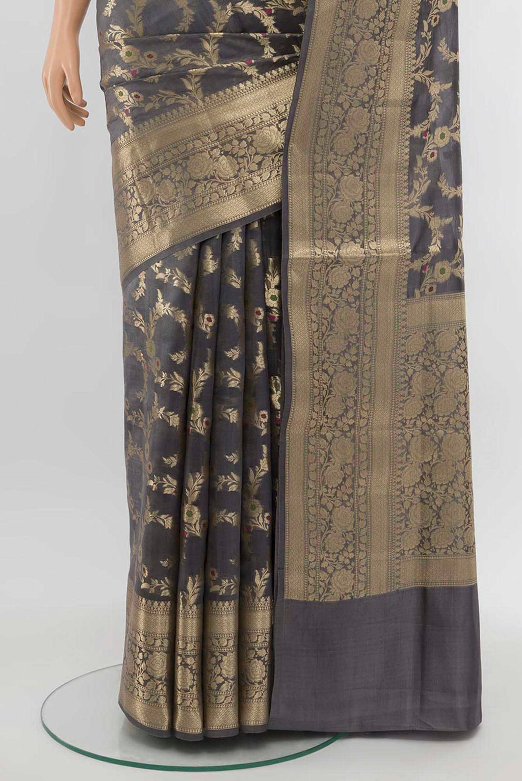 Pleats and pallu of Grey Banarasi Raw Silk Saree with Zari Butta on the body and Silk Border. 