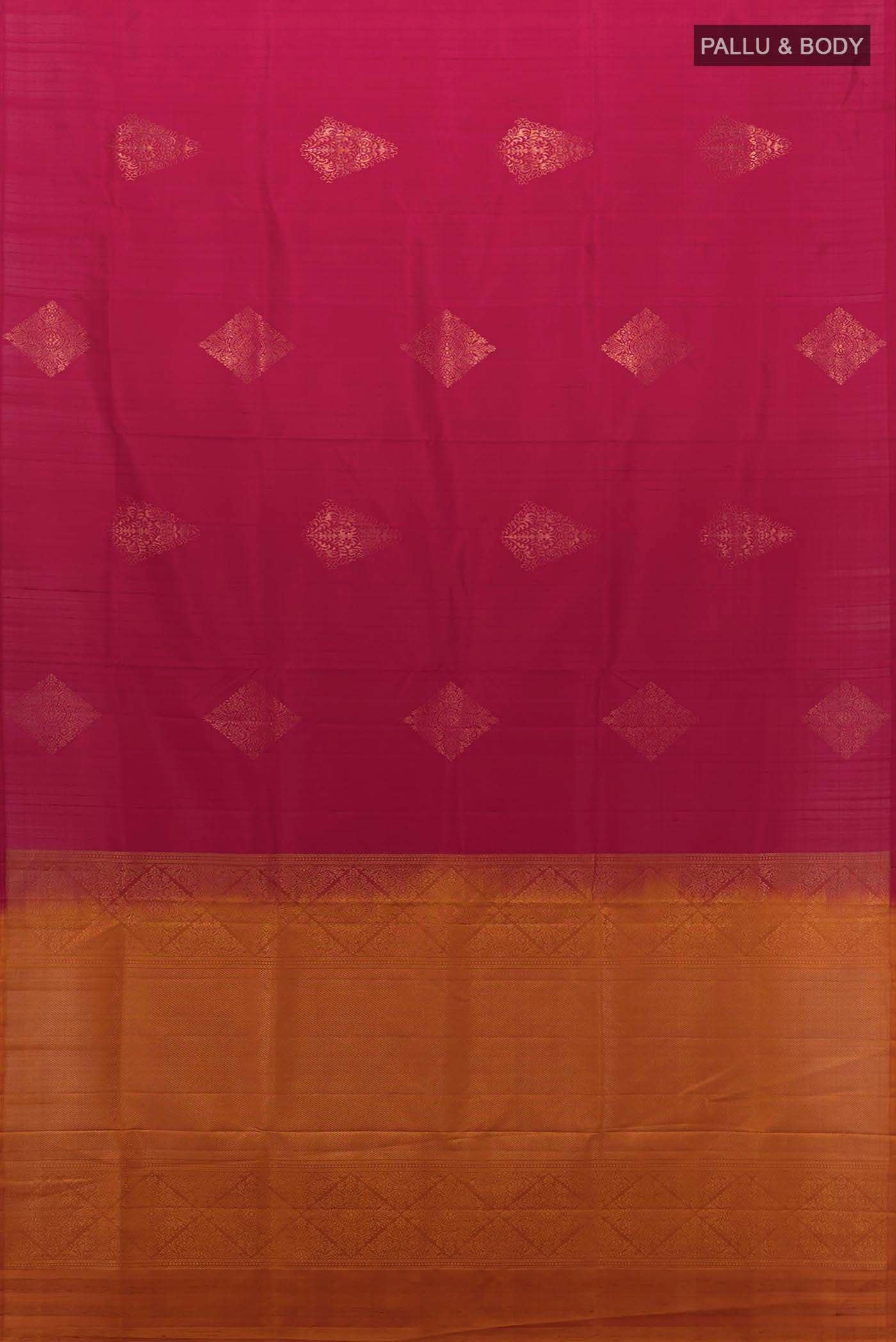Flat view of Maroon Soft Silk Saree with Zari Butta on the body and Silk Border