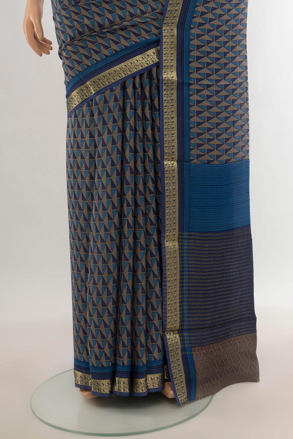 Pleats and pallu of Multi Color Crepe Saree with Floral Print on the body and Zari Border. 