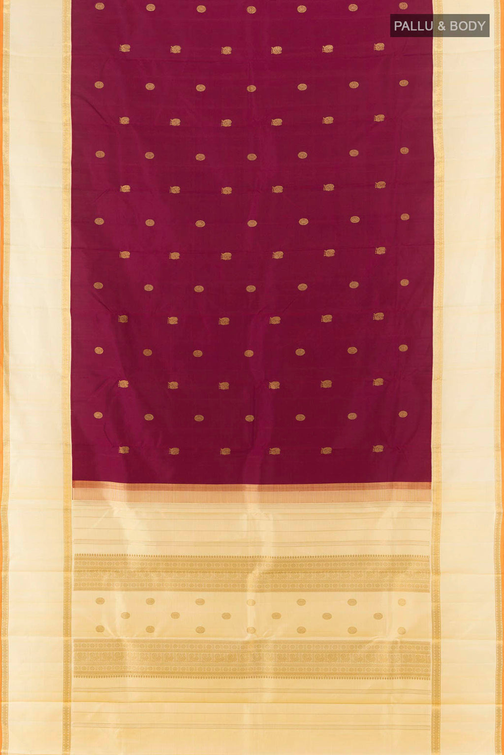 Flat view of Pure Silk Pure Zari Maroon Kanchipuram Saree with Zari Butta on the body and Silk Border. 