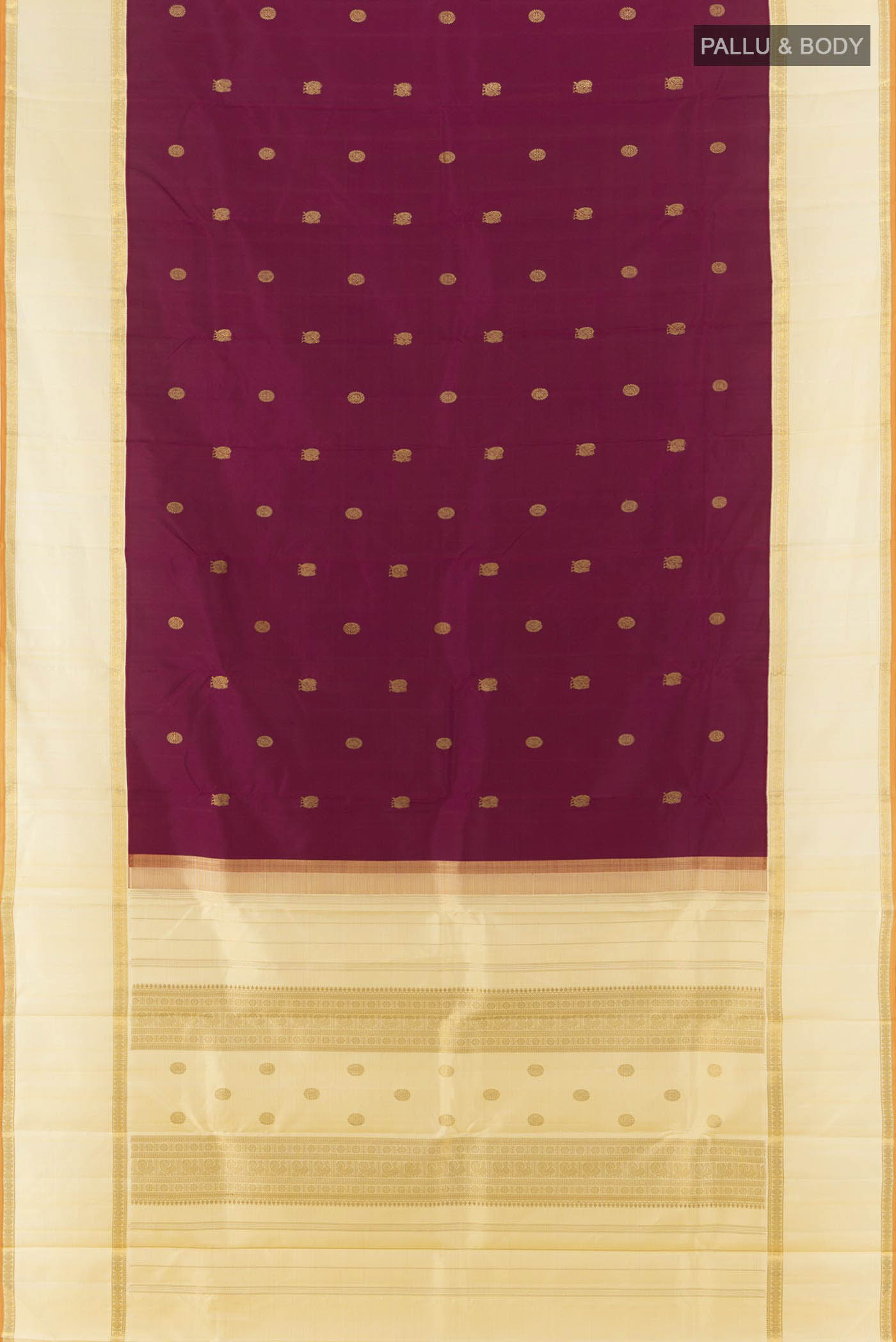 Flat view of Pure Silk Pure Zari Maroon Kanchipuram Saree with Zari Butta on the body and Silk Border. 