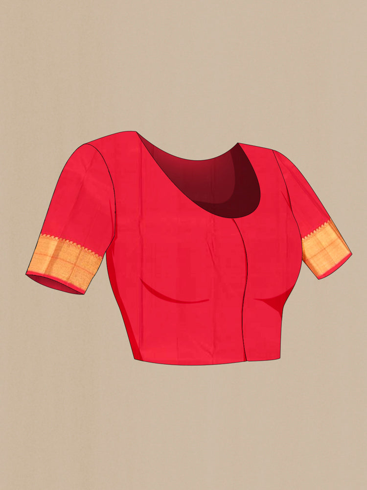 Close up image of the blouse of Red Kanjivaram Silk Saree with Zari Butta on the body and Silk Border. 