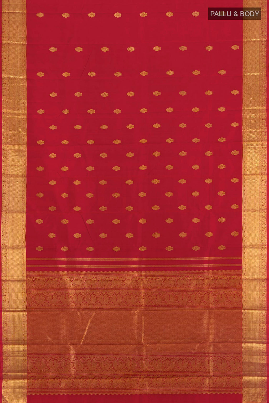 Flat view of Pure Silk Pure Zari Red Kanjivaram Saree with Zari Butta on the body and Zari Border. 