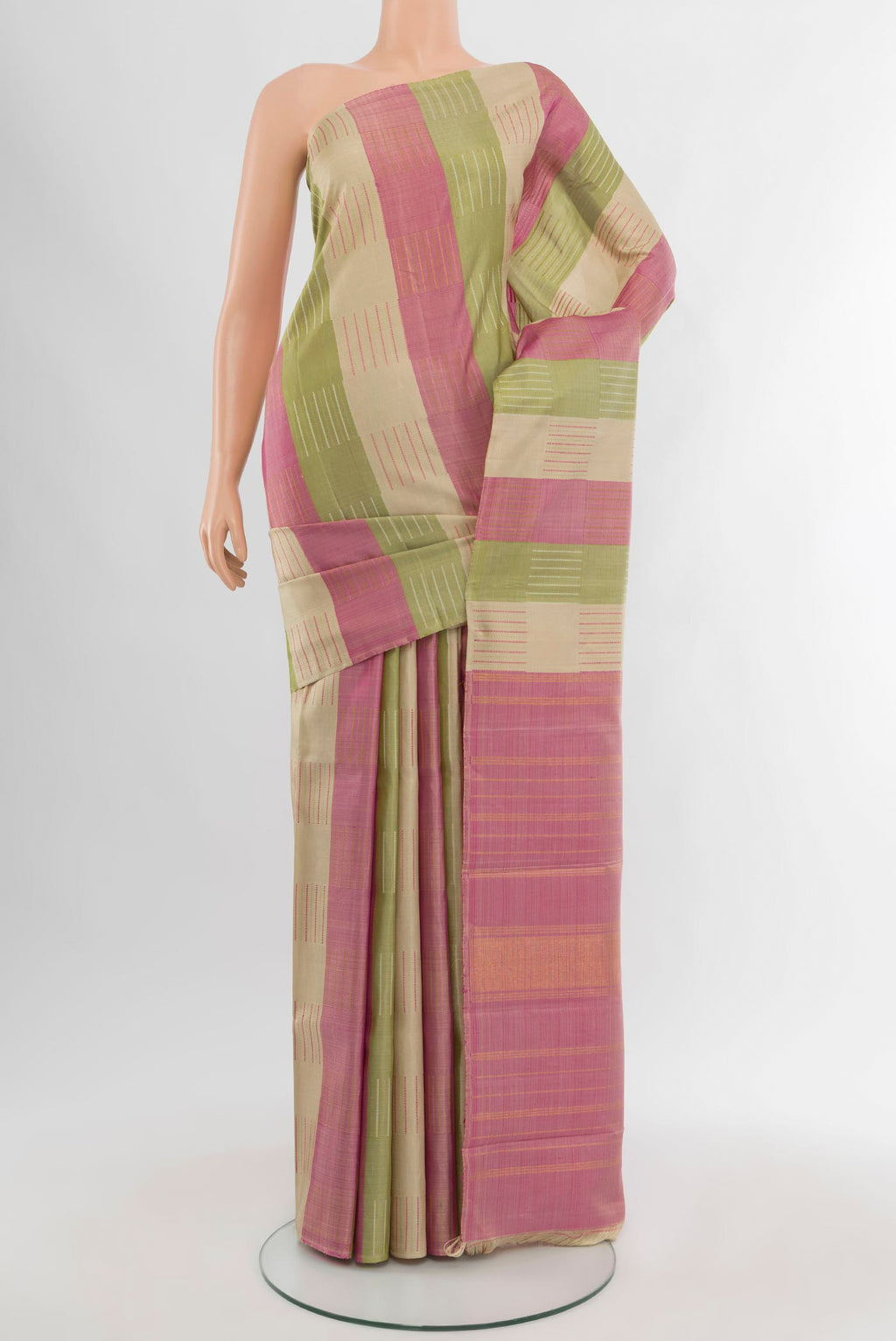 Pure Silk Pure Zari Multi Color Kanchipuram Saree with Stripes on the body and Without Border.  displayed on a mannequin