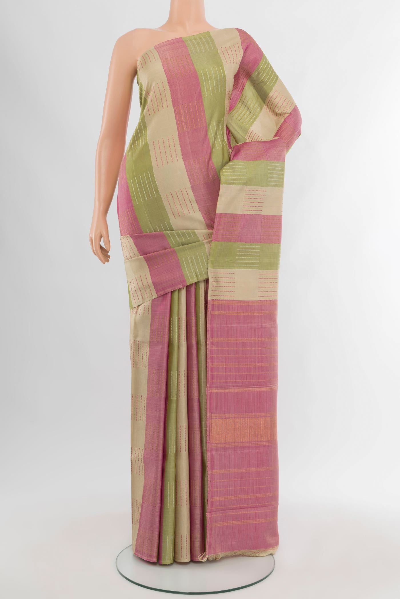Pure Silk Pure Zari Multi Color Kanchipuram Saree with Stripes on the body and Without Border.  displayed on a mannequin